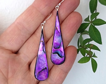 Long Purple Abalone Teardrops, Boho Chic Statement Earrings, Handcrafted Shell Inlay Jewellery