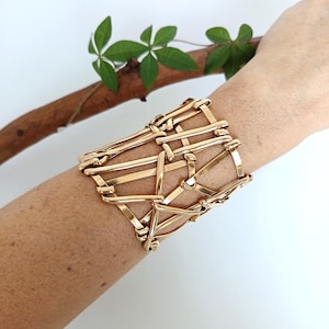 Hand Woven Statement Bracelet, Wide Polished Brass Cuff, Abstract Design, Unique Piece
