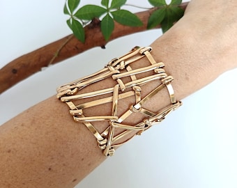 Hand Woven Statement Bracelet, Wide Polished Brass Cuff, Abstract Design, Unique Piece