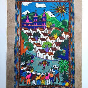 Dipinto di corteccia messicana, arte popolare messicana, regalo di inaugurazione della casa, opera d&#39;arte originale dipinta a mano, festa della piñata, carta di corteccia fatta a mano, 24&quot; x 16&quot;