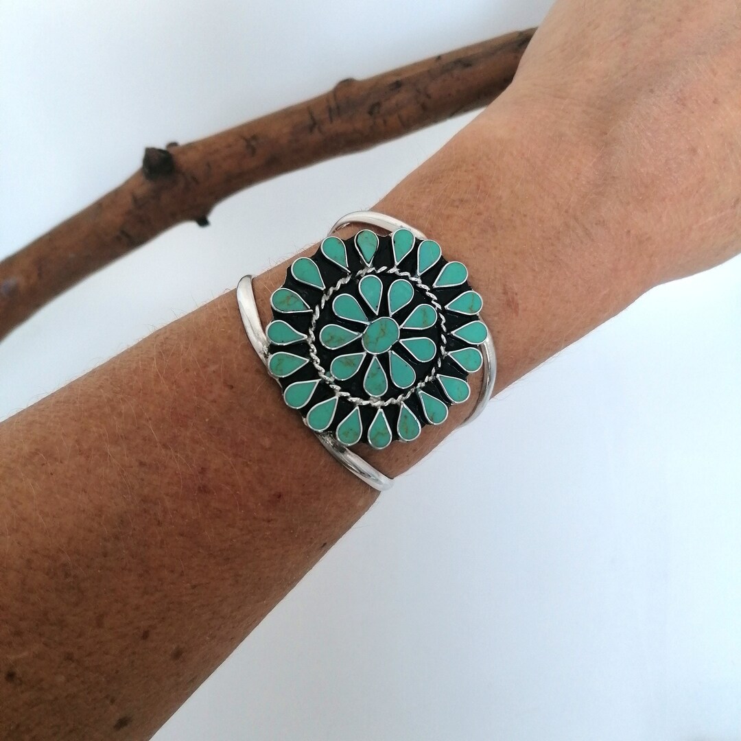 Turquoise Squash Blossom Bracelet, Mexican Jewellery, Navajo Style Cuff