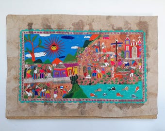 Mexican Folk Art Painting, Handmade Bark Paper, Colourful Wall Decor, Original Artwork, 24" x 16"