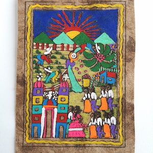 Pintura em miniatura de casca de árvore, arte popular mexicana, festa de casamento, arte original, decoração mexicana, arte de parede, tamanho de cartão postal, 7" x 5"