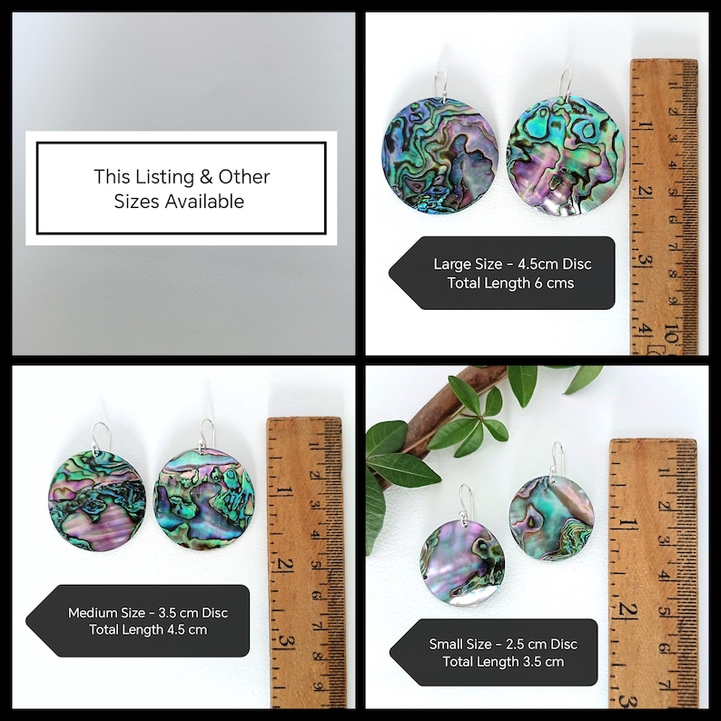 May include: Abalone shell earrings in three sizes: large (4.5 cm disc, 6 cm total length), medium (3.5 cm disc, 4.5 cm total length), and small (2.5 cm disc, 3.5 cm total length). The earrings have iridescent colors and are shown with a ruler for scale. "This Listing & Other Sizes Available" text is also present.