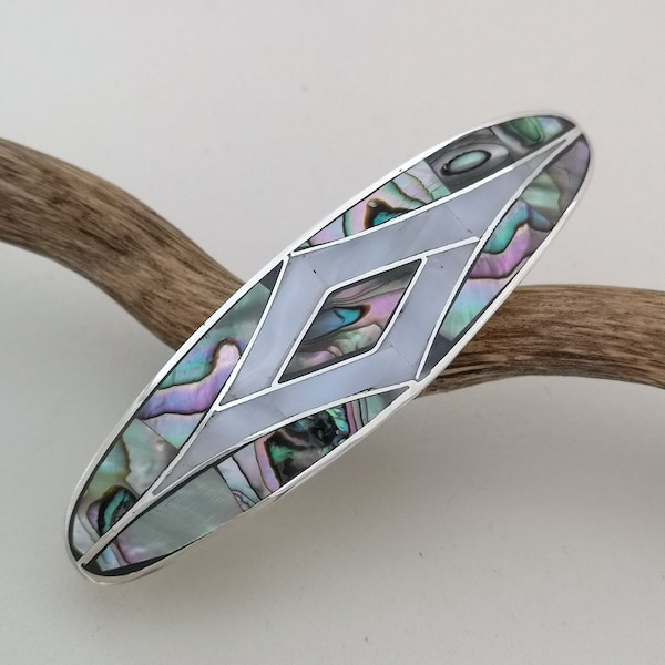 Mother of Pearl Barrette, Abalone Hair Clip, Art Deco Barrette, Hair Accessories, Mexican Jewellery, Geometric Hair Clip, Silver Plated