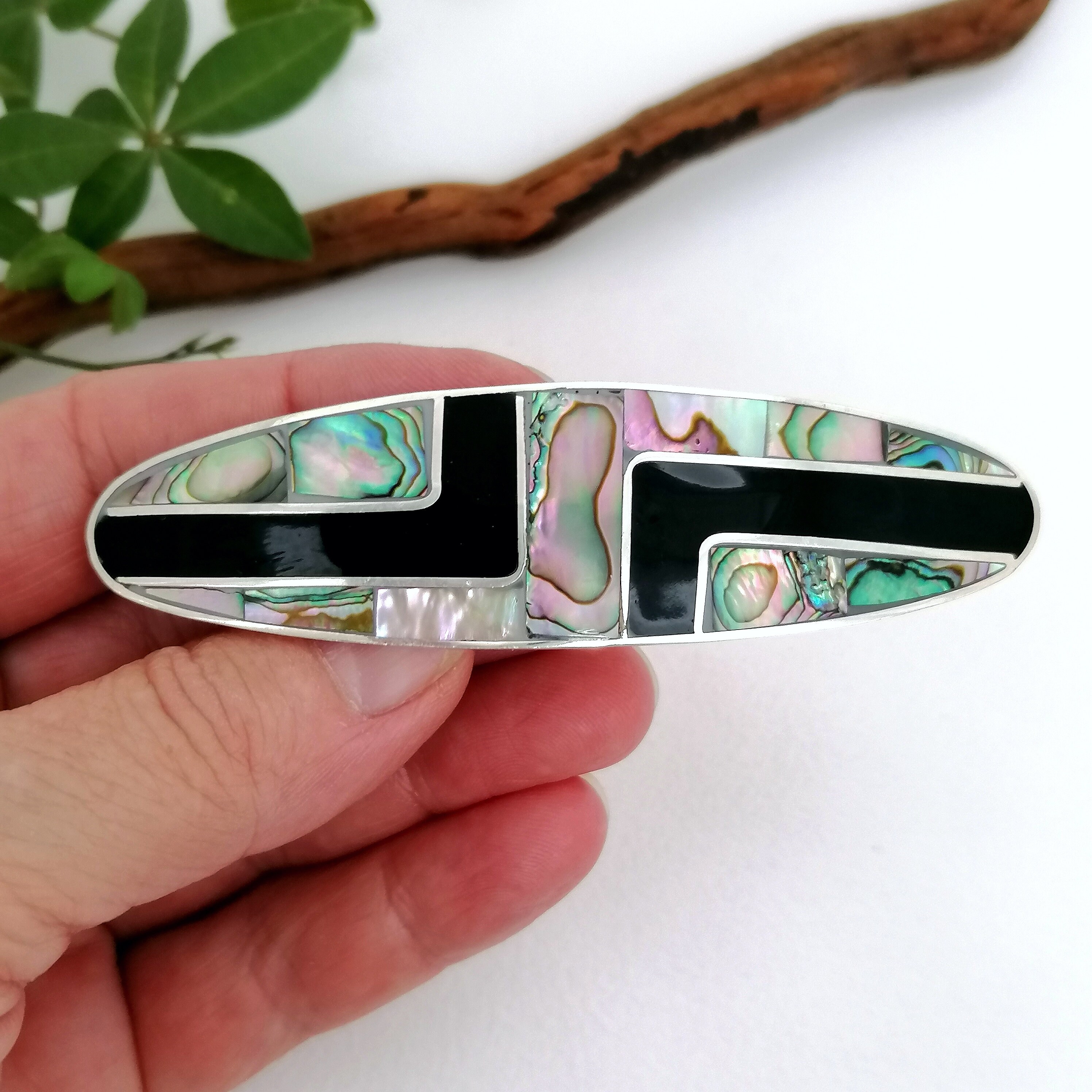 Art Deco Barrette, Abalone & Enamel Inlay, Handcrafted Shell  display picture 1