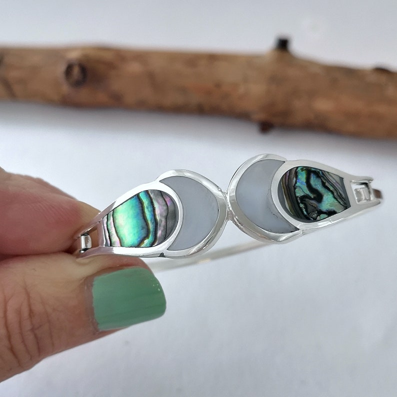 Moon Bracelet Celestial Bracelet Silver Plated Shell Inlay Abalone Bracelet Mother of Pearl Mexican Jewellery Crescent Moon Bangle