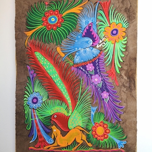 Mexican Folk Art Painting: Tropical Birds on Bark Paper