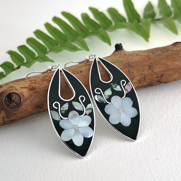 Mother of Pearl, Statement Earrings, Boho Jewelry, Flower Earrings, Long Earrings, Mexican Earrings, Flower Jewelry, Handmade, Silver Plated