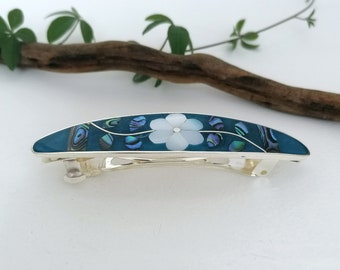 Mother of Pearl Flower Barrette, Teal Blue Enamel and Shell 