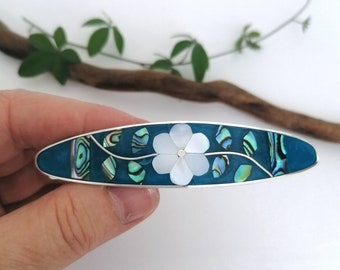 Mother of Pearl Flower Barrette, Teal Blue Enamel and Shell  display picture 2