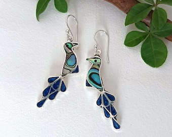 Abalone Shell & Blue Enamel Inlay, Peacock Earrings, Handcrafted Nature Jewellery
