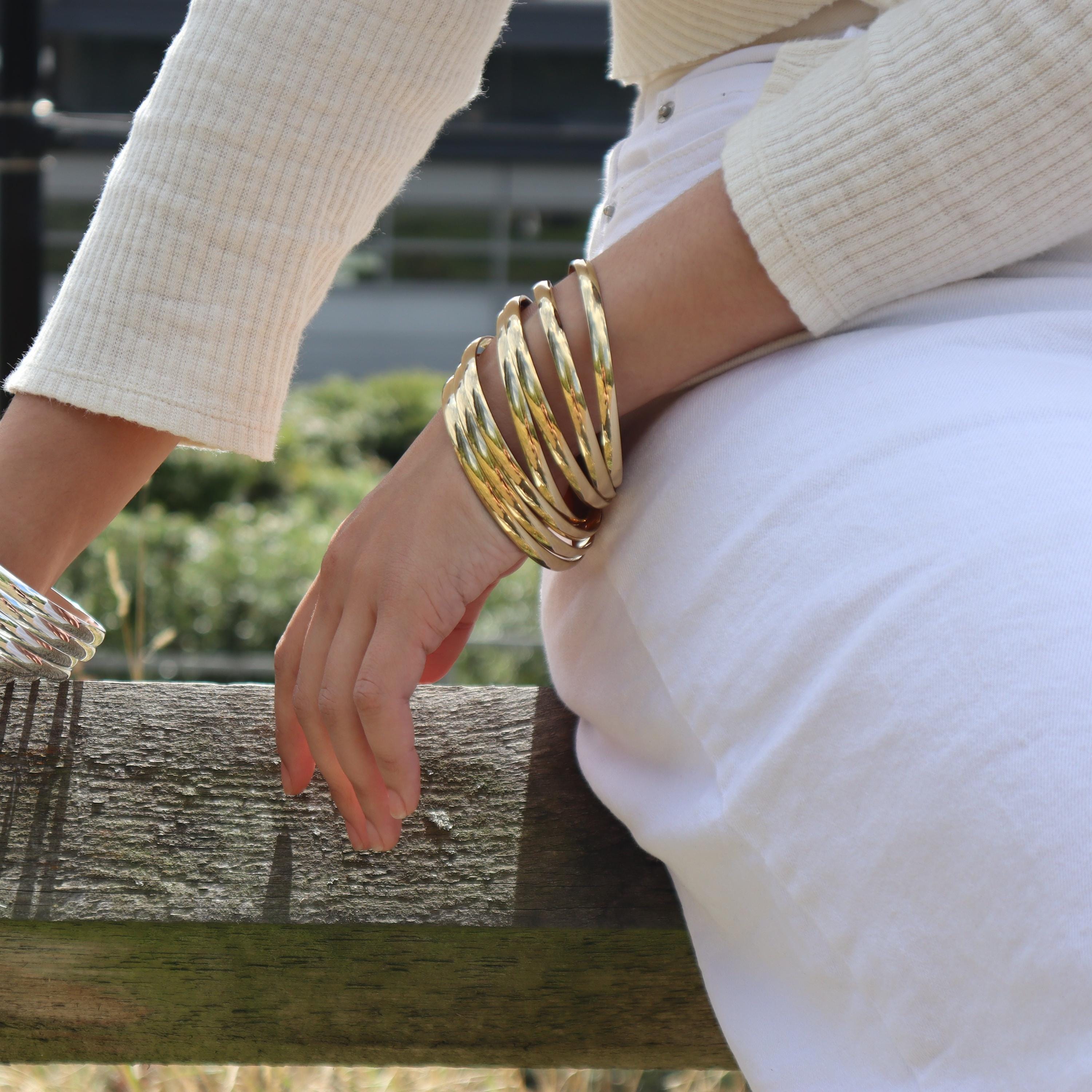 Set of 7 Gold Tone Stacking Bangles, Handcrafted Mexican Semanario 