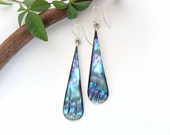 Iridescent Antique Blue Abalone Teardrop Earrings, Handcrafted Shell Inlay