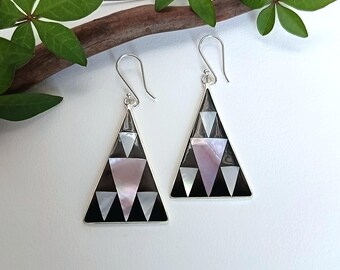 Mother of Pearl & Queen Conch Art Deco Earrings, Handcrafted Shell Inlay