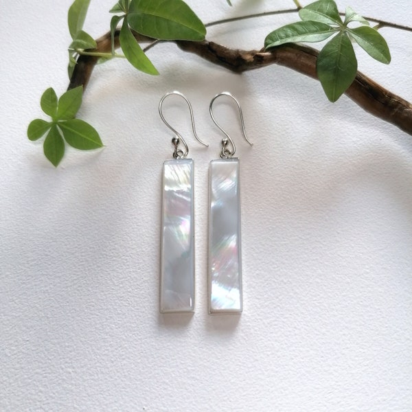 Mother of Pearl Long Elegant Earrings, Artisan Made Shell Inlay Jewellery