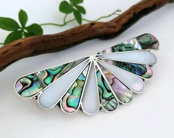 Hair Barrette, Art Nouveau Fan Design, Bridal Hair Accessory, Abalone & Pearl Inlay, Boho Clip