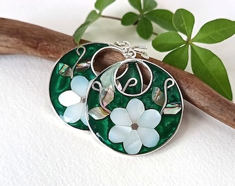 Mother of Pearl Flower Earrings, Emerald Green Enamel Inlay, Handcrafted Shell Jewellery