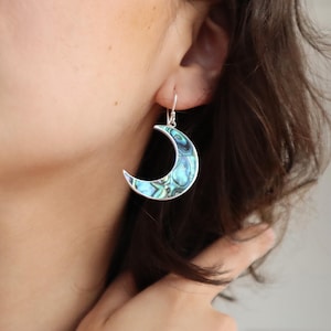 Iridescent Crescent Moon Earrings, Handcrafted Abalone Shell Inlay, Boho Moon Goddess Jewellery