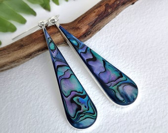 Blue Teardrops, Long Earrings, Mexican Jewellery, Statement Earrings, Abalone Earrings, Iridescent Teal Blue, Shell Inlay, Silver Plated