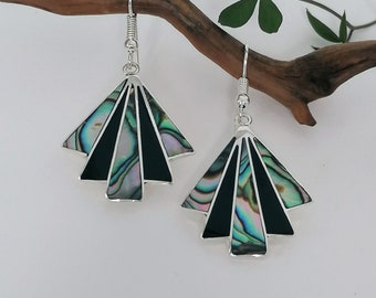 Abalone Earrings, Art Deco Fan Earrings, Mexican Jewellery, Odeonesque Earrings, Mexican Earrings, Boho Chic, Handcrafted, Silver Plated