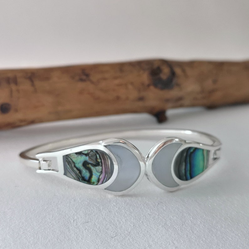Moon Bracelet Celestial Bracelet Silver Plated Shell Inlay Abalone Bracelet Mother of Pearl Mexican Jewellery Crescent Moon Bangle