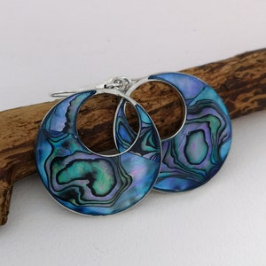 Teal Blue Earrings, Hoop Earrings, Abalone Jewellery, Mexican Earrings, Shell Inlay, Mexican Jewelry, Iridescent Shell, Silver Plated