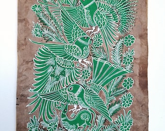 Pintura de aves tropicales de arte popular mexicano, pintada a mano sobre papel de corteza (60 x 40 cm)