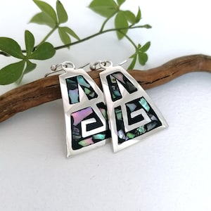 Aztec Earrings, Enamel Inlay, Art Deco Style, Abalone Shell Inlay, Handcrafted Mexican Jewellery, Geometric Earrings, Silver Plated