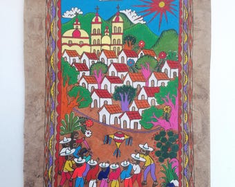 Hand Painted Bark Paper Painting, Mexican Village Piñata Party Folk Art (24" x 16")