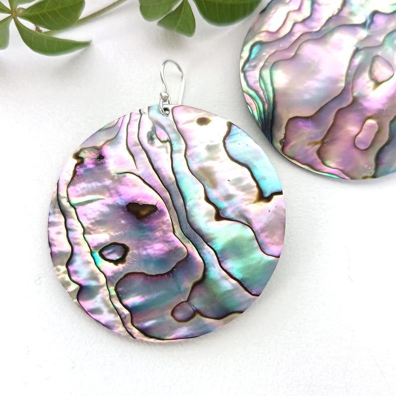 Large Abalone Earrings, Pink & Green Iridescent Shell, Statement Boho Beach Jewellery, Sterling Silver image 3
