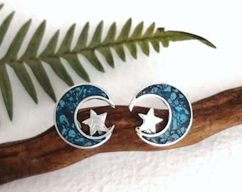 Crescent Moon Earrings, Star Earrings, Celestial Jewellery, Handcrafted Mexican Jewellery, Turquoise Inlay Earrings, Sterling Silver