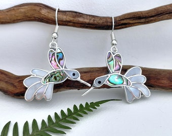 Hummingbird Earrings, Boho Chic Earrings, Bird Earrings, Rainbow Iridescent, Abalone Earrings, Handcrafted, Shell Inlay, Mexican Jewellery