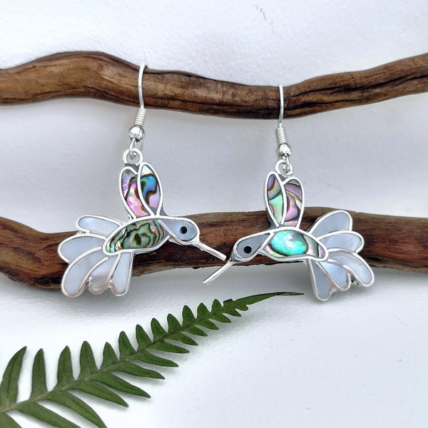 Hummingbird Earrings, Boho Chic Earrings, Bird Earrings, Rainbow Iridescent, Abalone Earrings, Handcrafted, Shell Inlay, Mexican Jewellery