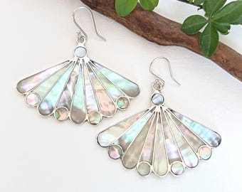 Statement Art Deco Earrings, Iridescent Mother of Pearl, Handcrafted Shell Inlay