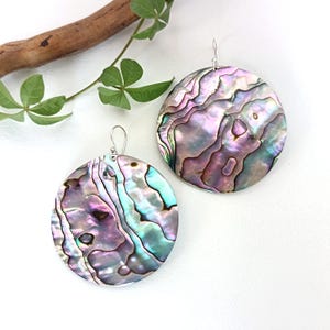 Large Abalone Earrings, Pink & Green Iridescent Shell, Statement Boho Beach Jewellery, Sterling Silver image 2