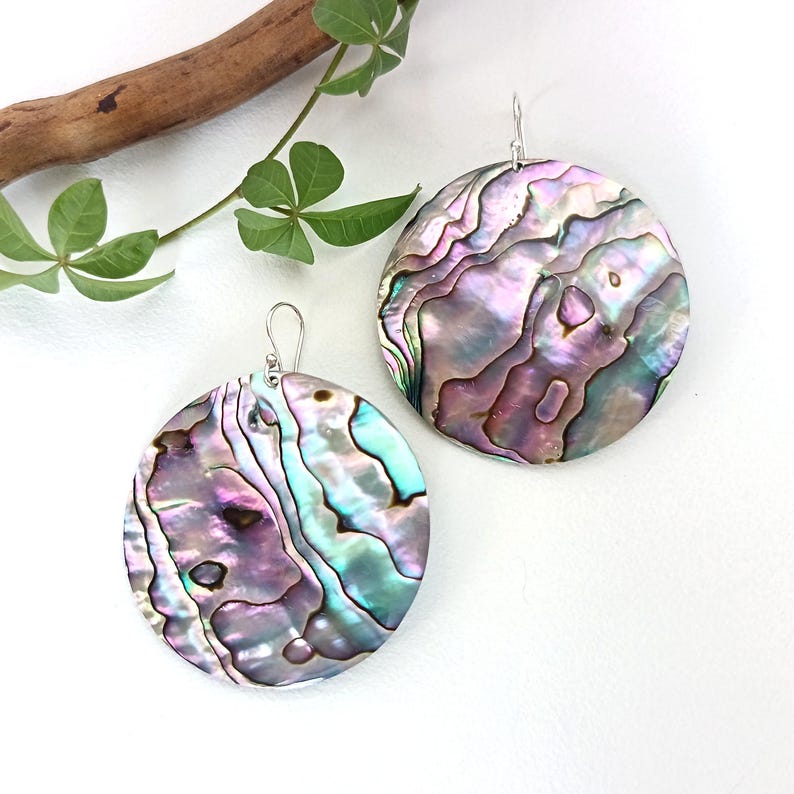 Large Abalone Earrings, Pink & Green Iridescent Shell, Statement Boho Beach Jewellery, Sterling Silver image 2
