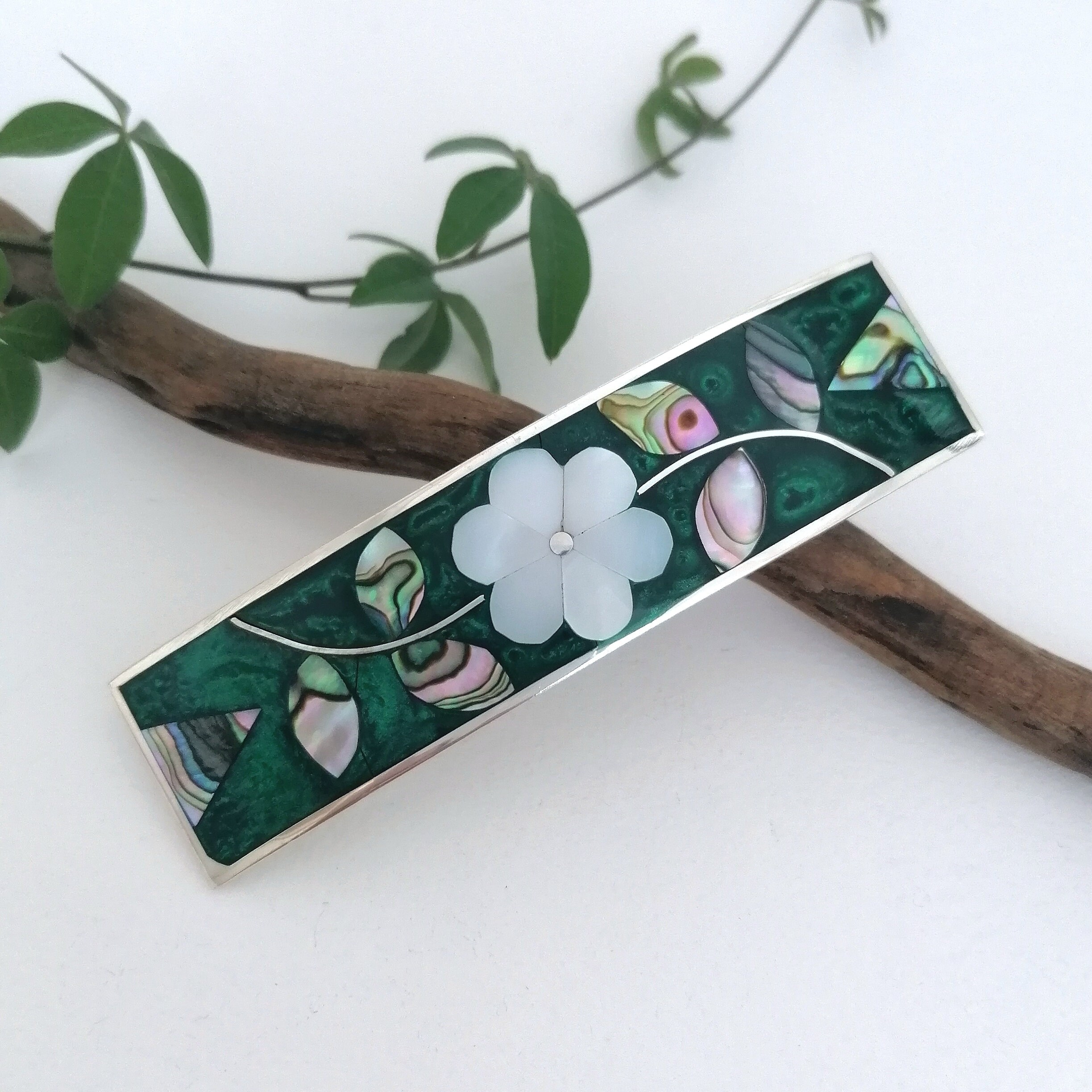 Vintage Abalone and Mother of Pearl Floral Inlay Hair Barrette Clip Vintage Mother of Pearl Shell Hair Clips, Abalone Shell Hair  main image 2