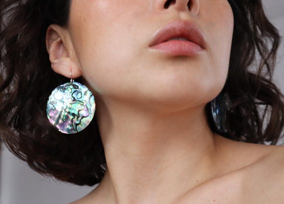 Large Abalone Earrings, Pink & Green Iridescent Shell, Statement Boho Beach Jewellery, Sterling Silver