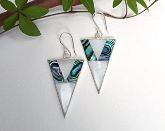 Mother of Pearl Abalone Art Deco Earrings, Handcrafted Shell Inlay