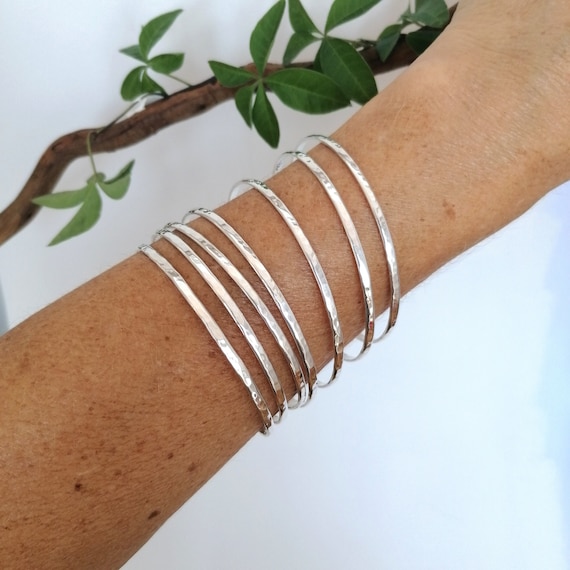 Set of 7 Hammered Bangles, Mexican Semanario, Boho Stacking Bracelets