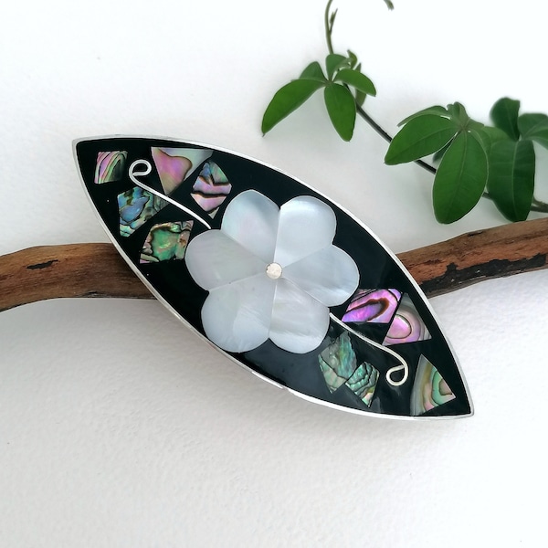 Mother of Pearl Hair Clip, Flower Barrette, Abalone Shell Hair Slide, Handcrafted Mexican Jewelry, Enamel Inlay, Silver Plated