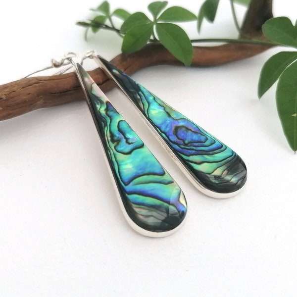 Abalone Teardrops, Long Earrings, Mexican Jewellery, Statement Earrings, Abalone Jewellery, Iridescent Earrings, Shell Inlay, Silver Plated