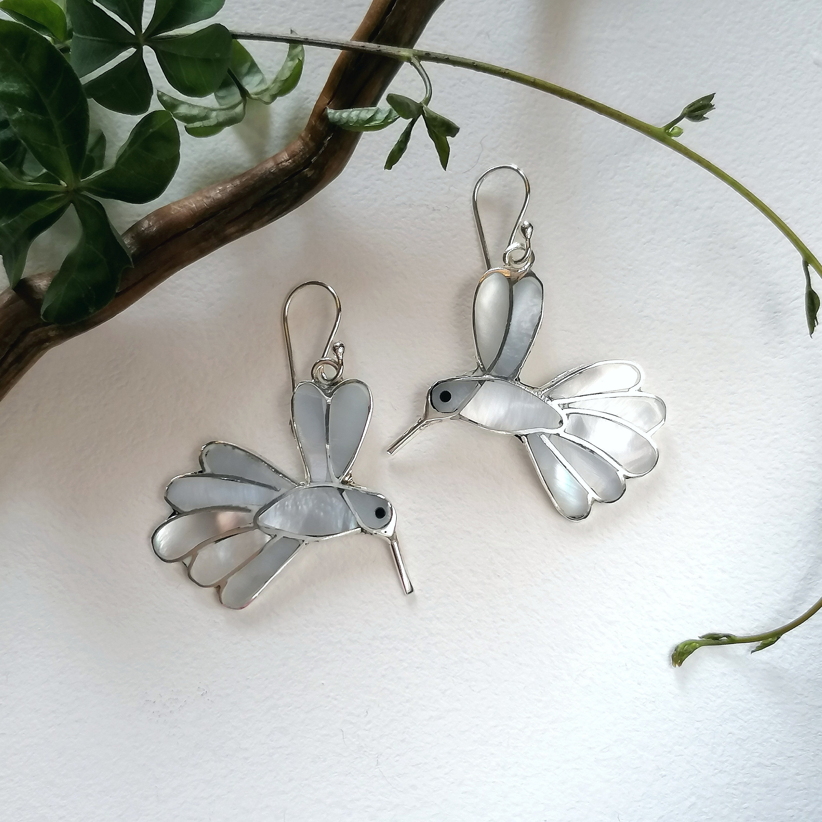 Mother of Pearl Hummingbirds, Boho Chic Earrings, Bird Earrings, Mother of Pearl Earrings, Handcrafted, Shell Inlay, Mexican Jewellery