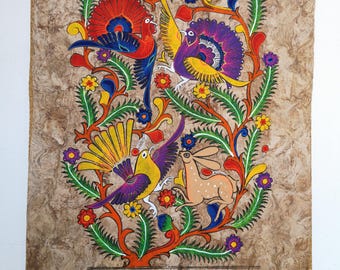 Pintura de arte popular mexicano, colorida decoración para el hogar, papel de corteza pintado a mano, 61 x 40 cm
