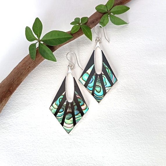 Abalone Art Deco Earrings, Handcrafted Shell & Enamel Inlay, Mexican Artisan Jewellery