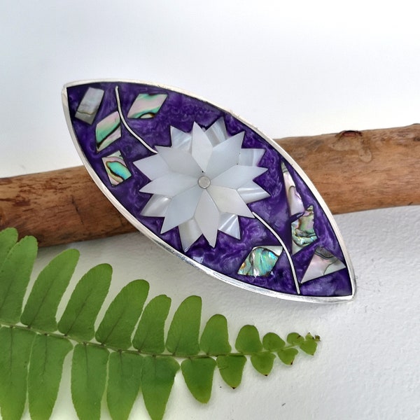 Mother of Pearl Barrette, Purple Hair Clip, Handcrafted Mexican Jewellery, Statement Accessory, Abalone Shell & Enamel Inlay, Silver Plated