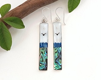 Abalone & Mother of Pearl Seascape Earrings, Handcrafted Shell and Enamel Inlay, Nature Jewellery