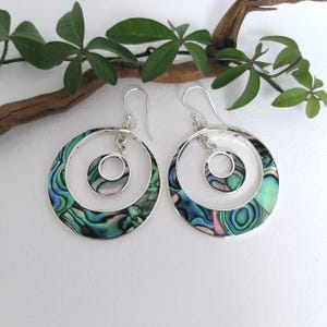 Abalone Earrings, BohoChic Earrings, Statement Hoops, Handcrafted Mexican Jewellery,  Large Hoops, Abalone Shell Inlay, Silver Plated