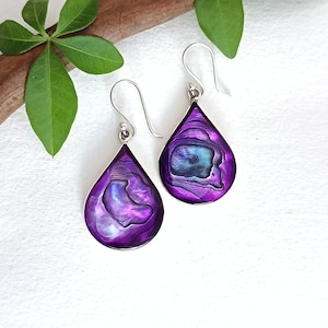 Purple Abalone Teardrop Earrings, Handcrafted Shell Inlay, Mexican Artisan Jewellery